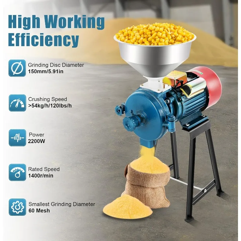 مطحنة الحبوب الكهربائية، مطحنة الذرة 2200 وات 220 فولت مع قمع، مطحنة تغذية كهربائية تجارية، مطحنة جافة (2200 وات، 220 فولت)
