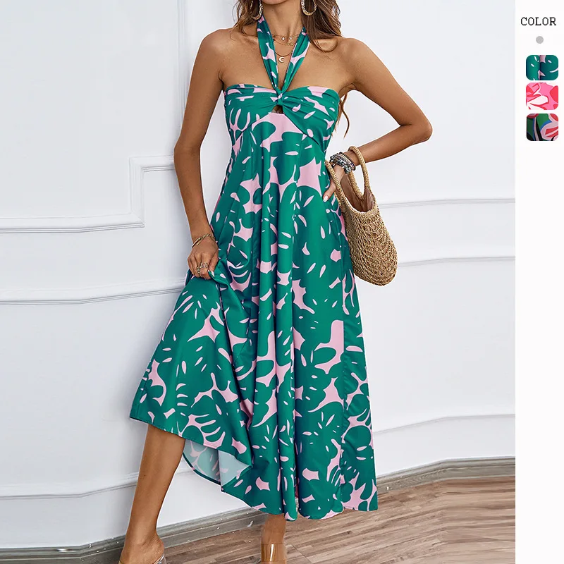 

2026 Summer Women's Vacation Floral Print Hollow Lace Halter Neck Flared Dress