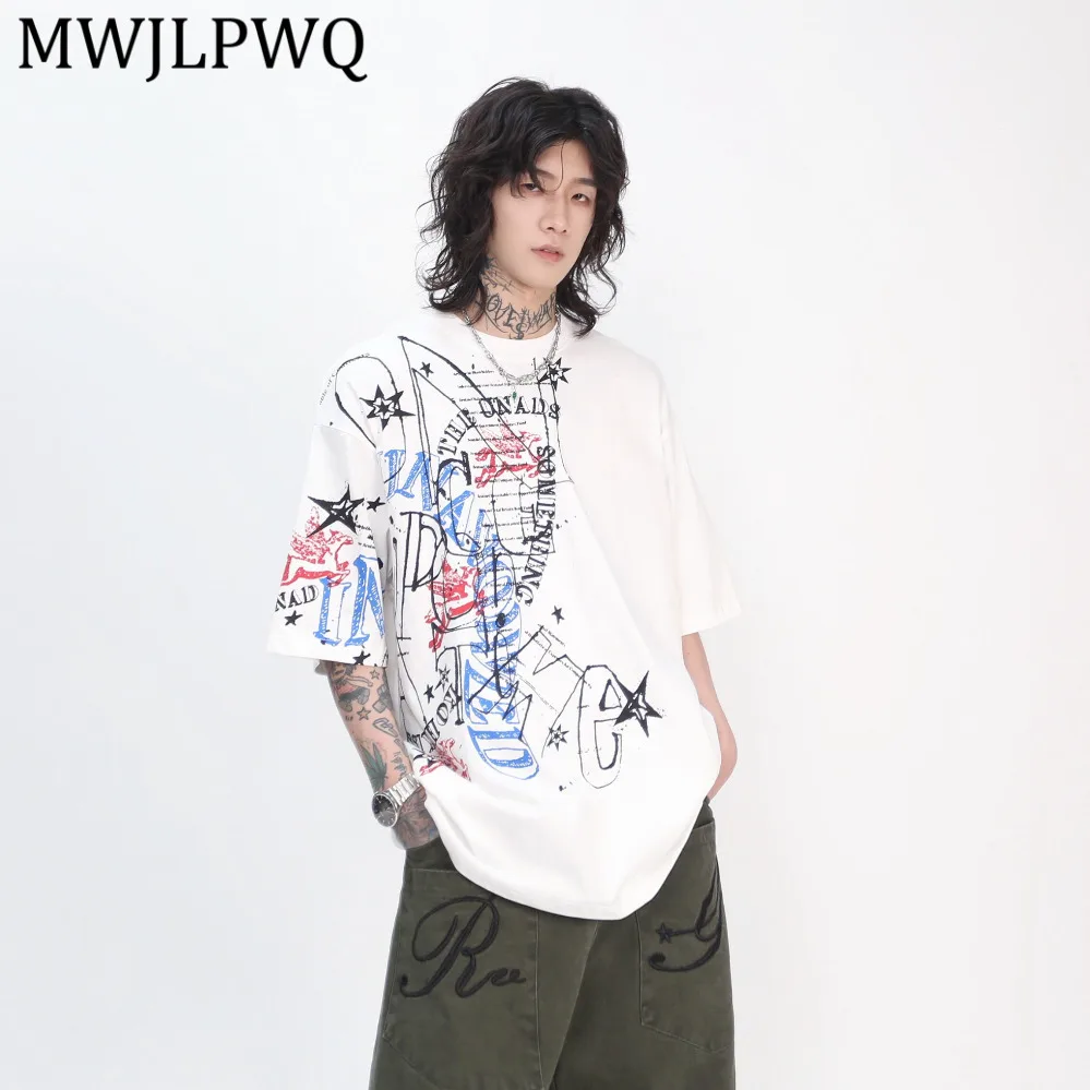 

MWJLPWQ Retro Design Letter Graffiti Short-Sleeve T-Shirt Men's Summer Trendy American Style Loose-Fit Tops For Couples 15151