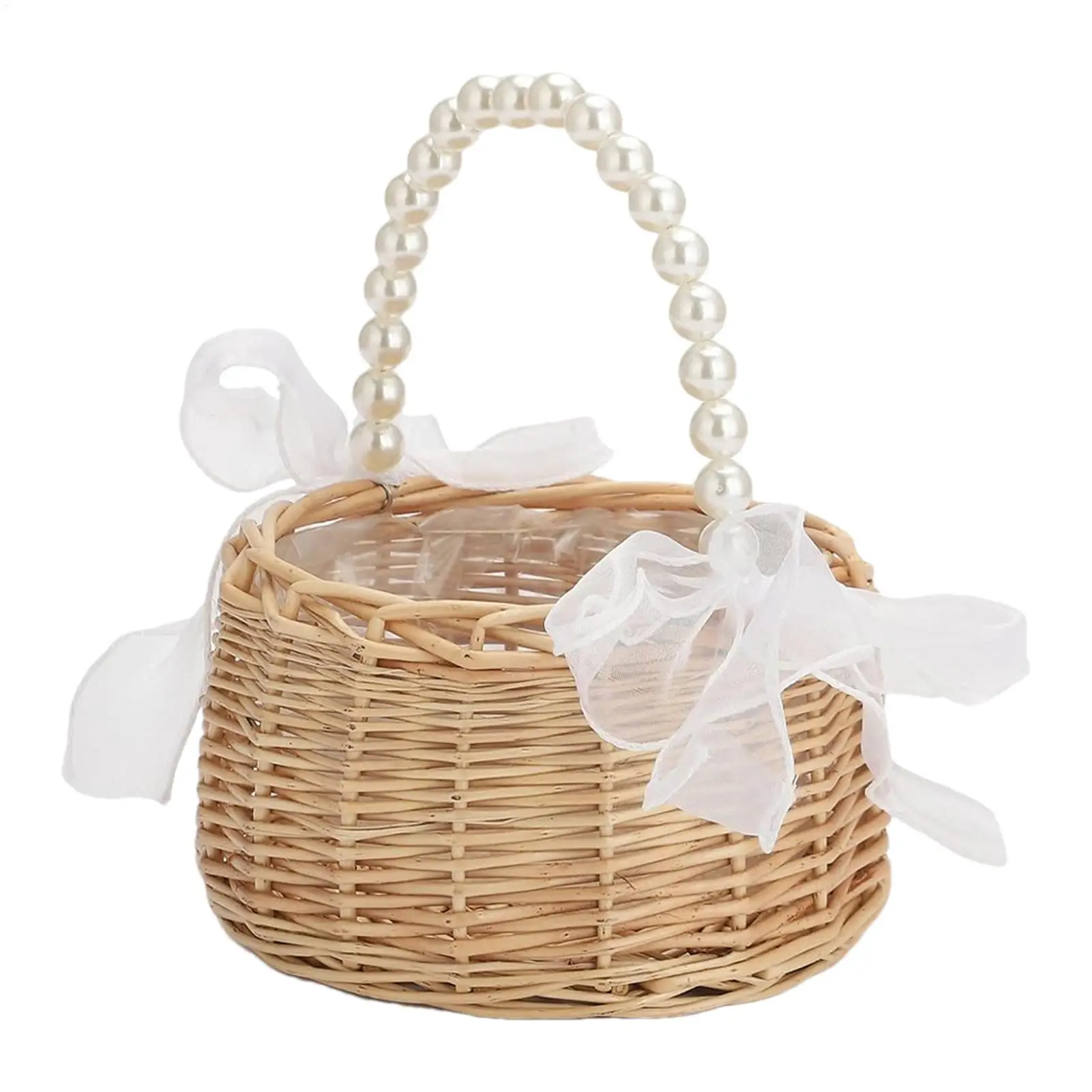 One wicker rattan flower child Basket with Pearl handle and bow Hand woven for Greeting Cards Bridesmaids Decorators Home
