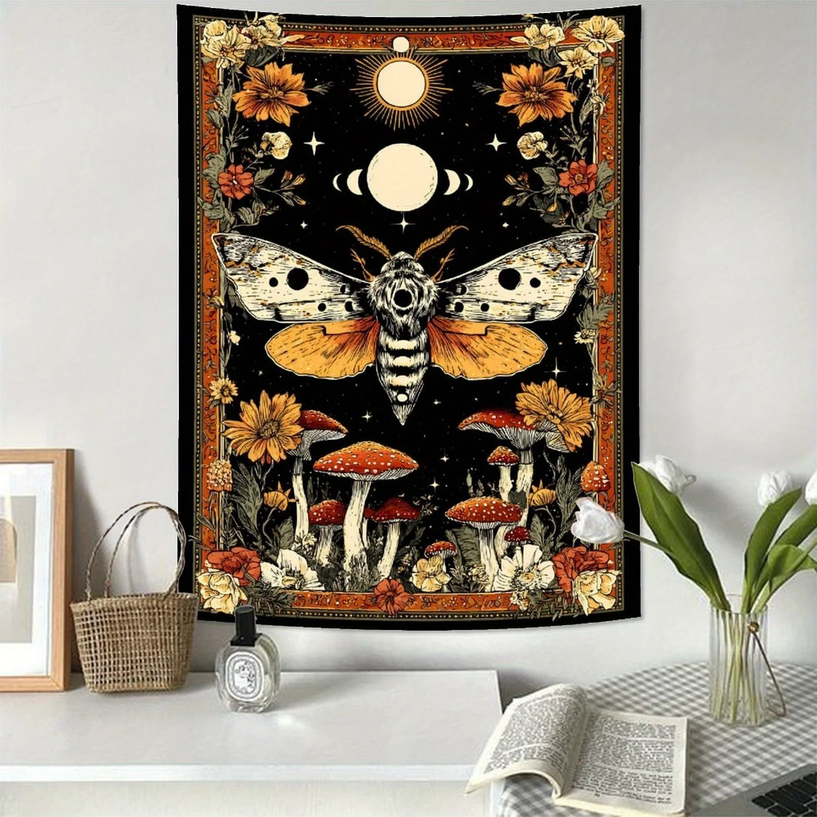 VIKAMA Retro-Tarot-, Motten- und Mondphasen-Wandteppich, mystischer Wandbehang für Schlafzimmer, Wohnzimmer und Studentenwohnheim, ästhetische Heimdekoration