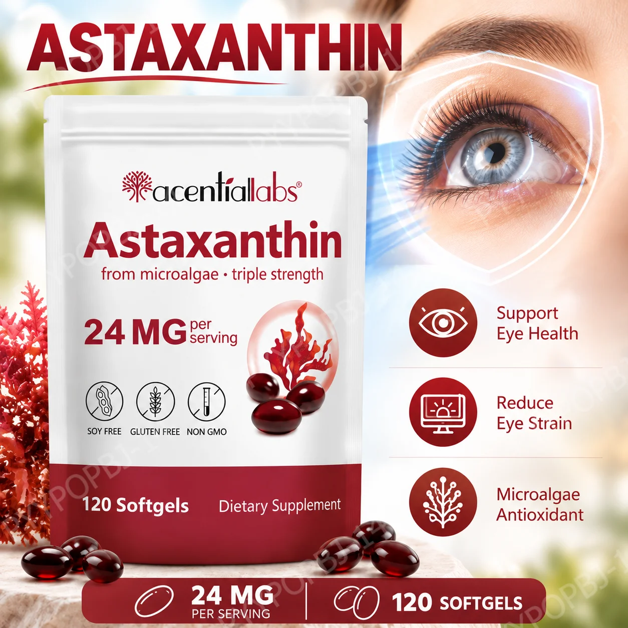 Acentiallabs Astaxanthin 24mg Softgels,Support Eye Health & Reduce Eye Strain & Skin Protection,Microalgae Antioxidant,120 Count