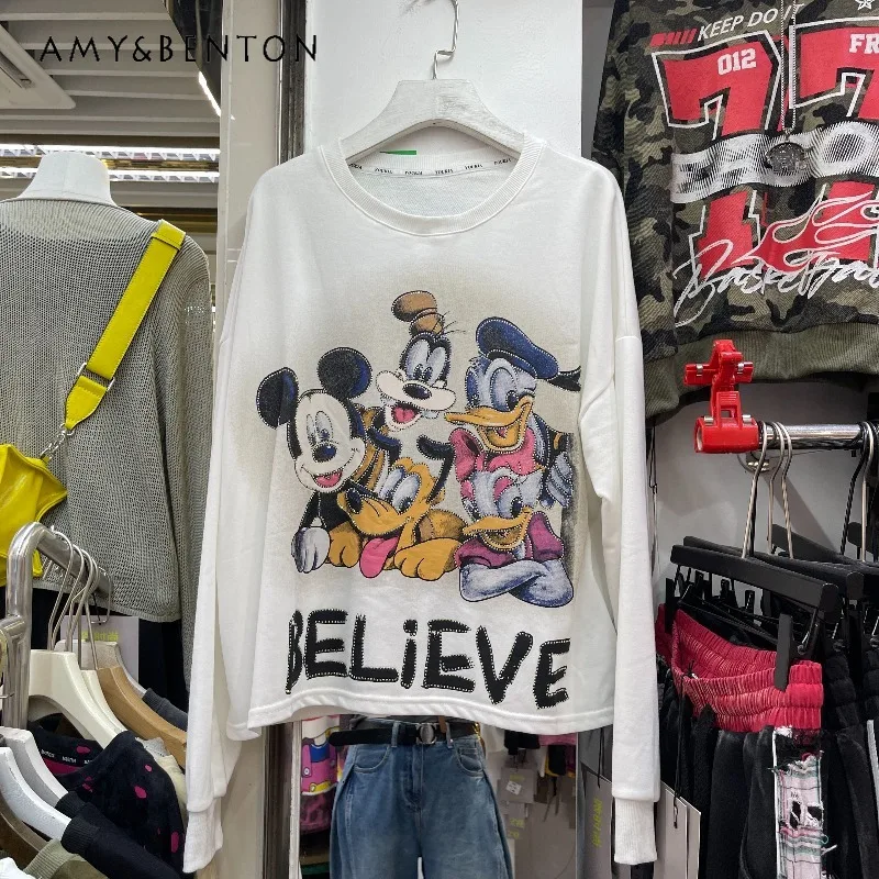 

Autumn Fashion American Style Casual Retro Rhinestone Cartoon Long Sleeved T-shirt For Women's Loose Slimming Top Kawaii Tshirts
