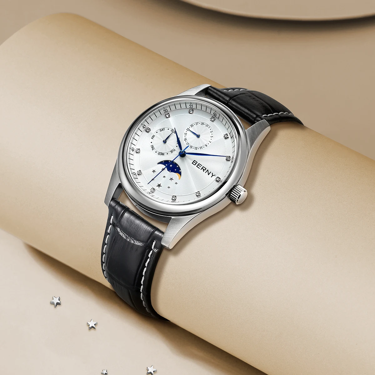 BERNY Damenuhren, Kalender, Datum, Woche, echte Mondphase, Quarz, Damenuhr, Lederarmband, elegante, lässige Damen- und Mädchen-Armbanduhr – Detail 1