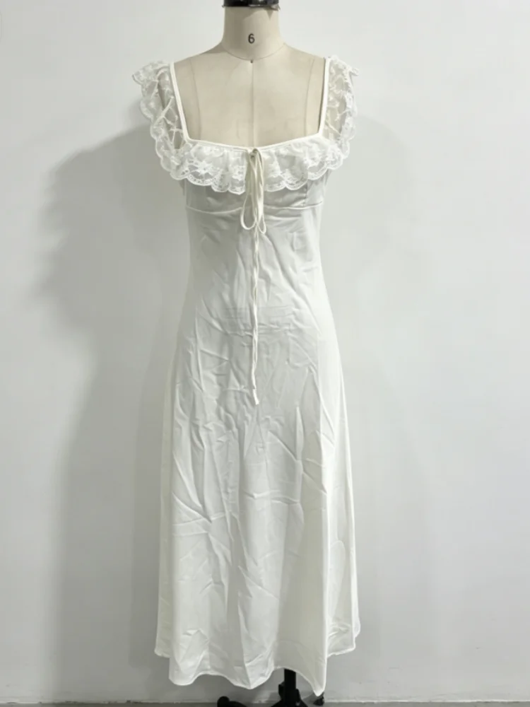 Damen Einfarbiges Langes Kleid mit Spitzenbesatz Schicker Quadratischer Ausschnitt Rückenreißverschluss Figurbetonte Maxi-Rock Elegantes Sommer-Party-Club-Urlaubs-Outfit – Detail 2