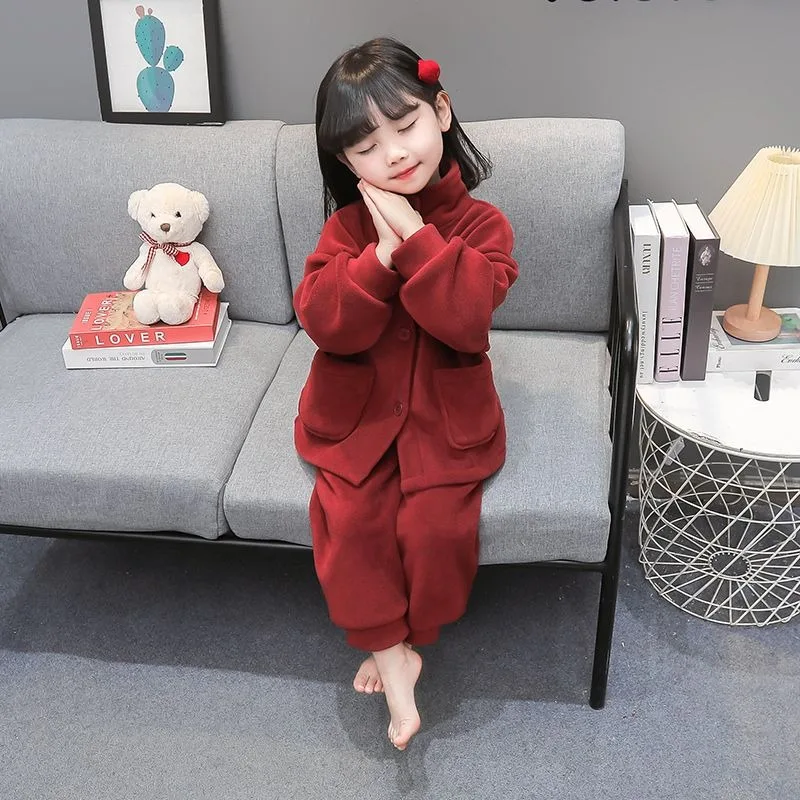 

Girls' Flannel Thermal Pajamas Two Piece Hooded Set Warm Winter Sleepwear Home Wear