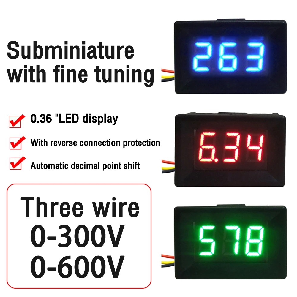 Voltmètre numérique LED pour voiture, rouge, vert, bleu, DC 0-0.36 V, 0-300V, 3 fils, affichage à 3 chiffres, testeur de panneau de tension, détecteur de tension, 600 pouces