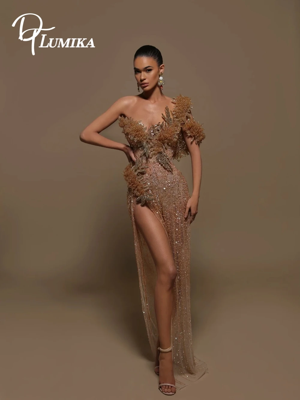 

3D Floral Gold Embroidered Evening Dress Sexy Sheer Mesh High Slit Luxe Gown For Gala & Formal Occasions Asymmetric Neckline