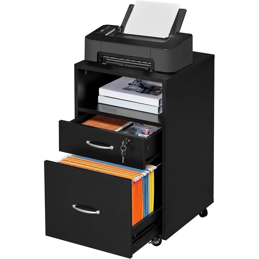 2-Der ile Cabinet with Lock, Under Desk Storage, Black | Lockable der holds hanging iles; a small der and open shel it under a d - view 4