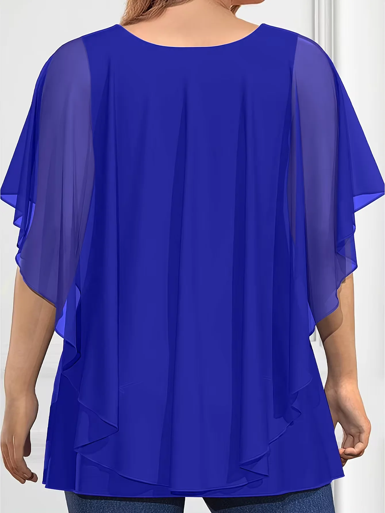 Women\'s Blouse Plus Size Casual Blue Chiffon Double Layer Flutter Sleeve Pleated Asymmetric Hem Blouse Summer Casual O-Neck Top