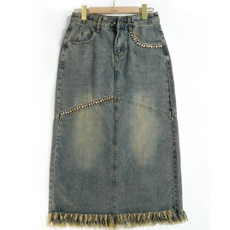 

Джинсовая юбка Ele с высокой талией, обильной отделкой стразами и бахромой, универсальная юбка А-силуэта средней длины