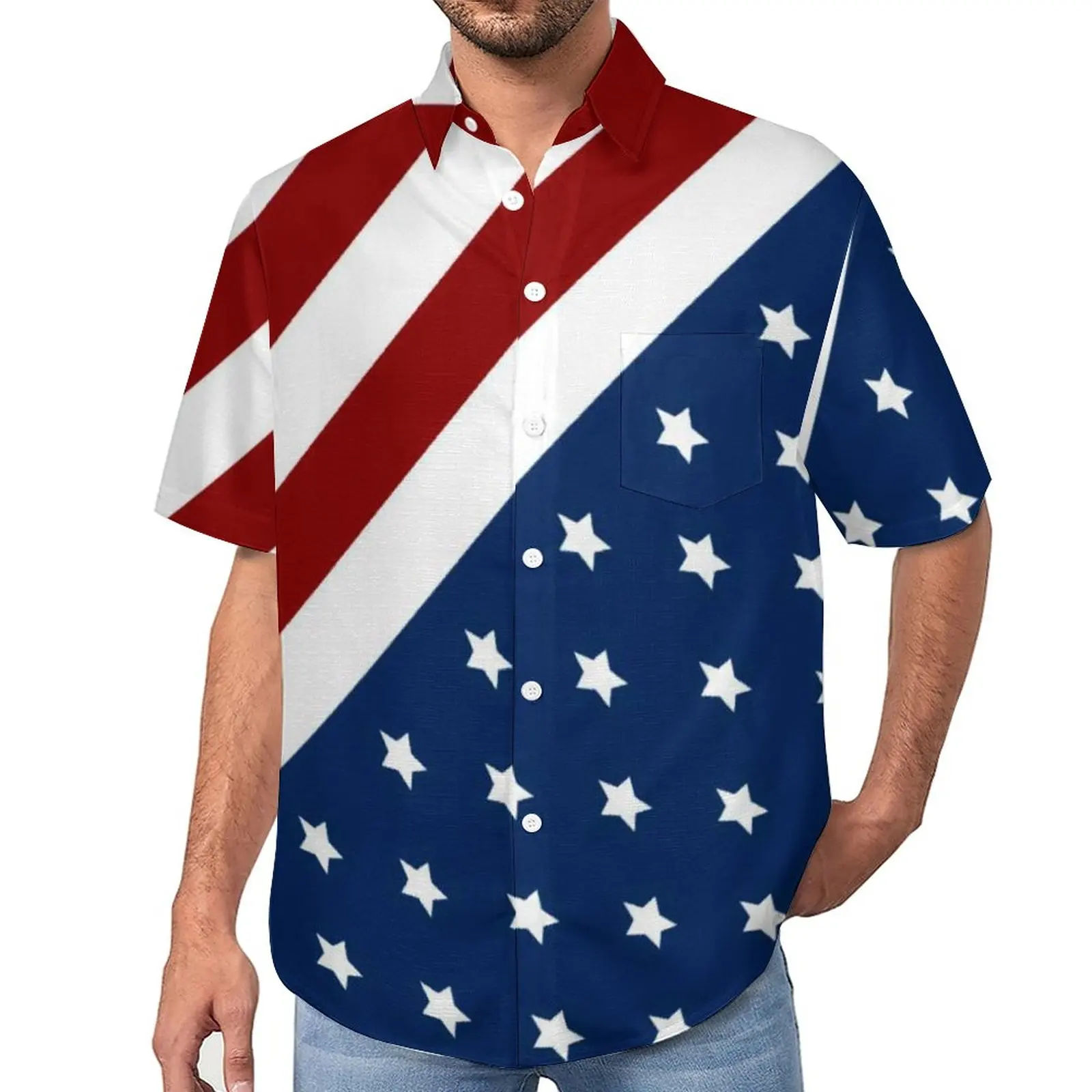 

American Flag Loose Shirt Men Beach Patriotic Flag Star Design Casual Shirts Hawaii Short-Sleeve Harajuku Oversized Blouses