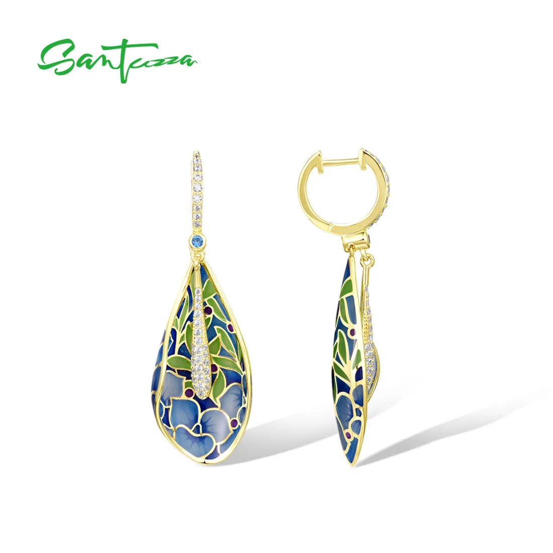 SANTUZZA Pure 925 Sterling Silver Earrings For Women Vintage Blue Enamel Floral Water Drop Dangle Delicate Party Fine Jewelry