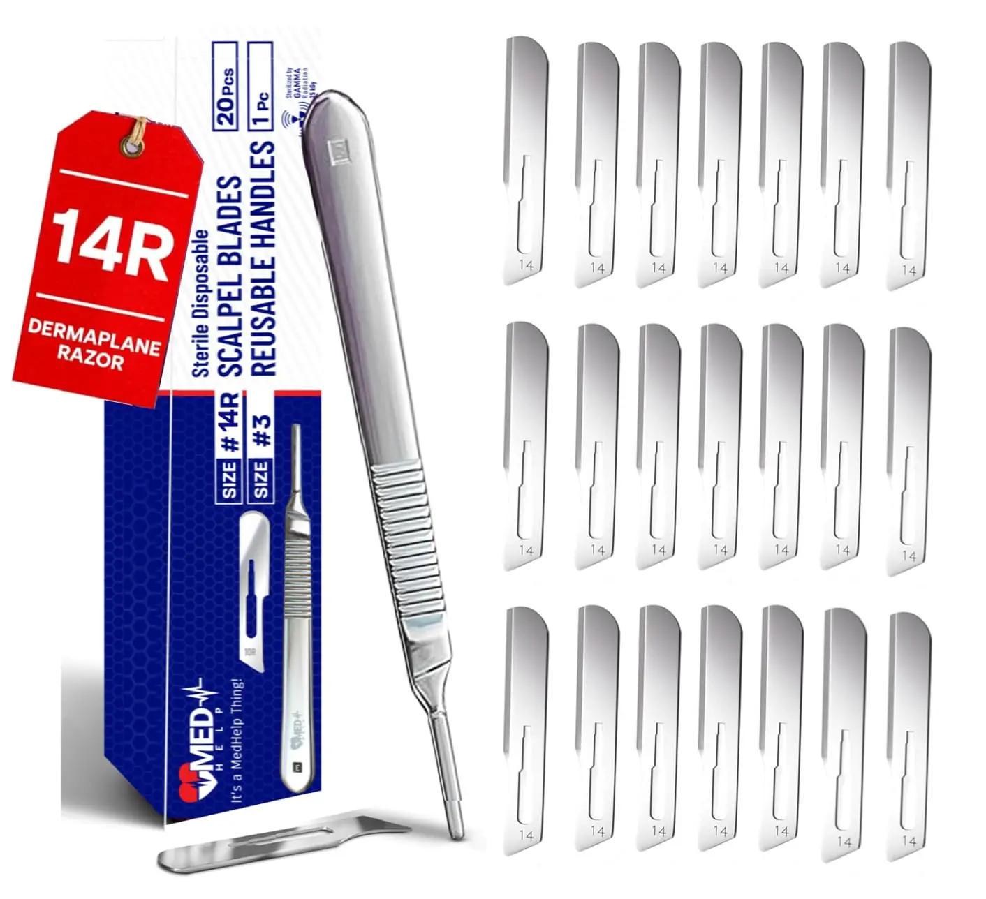 Set de Bisturís para Dermaplaning con 20 Cuchillas # 14R y mango para depilación facial