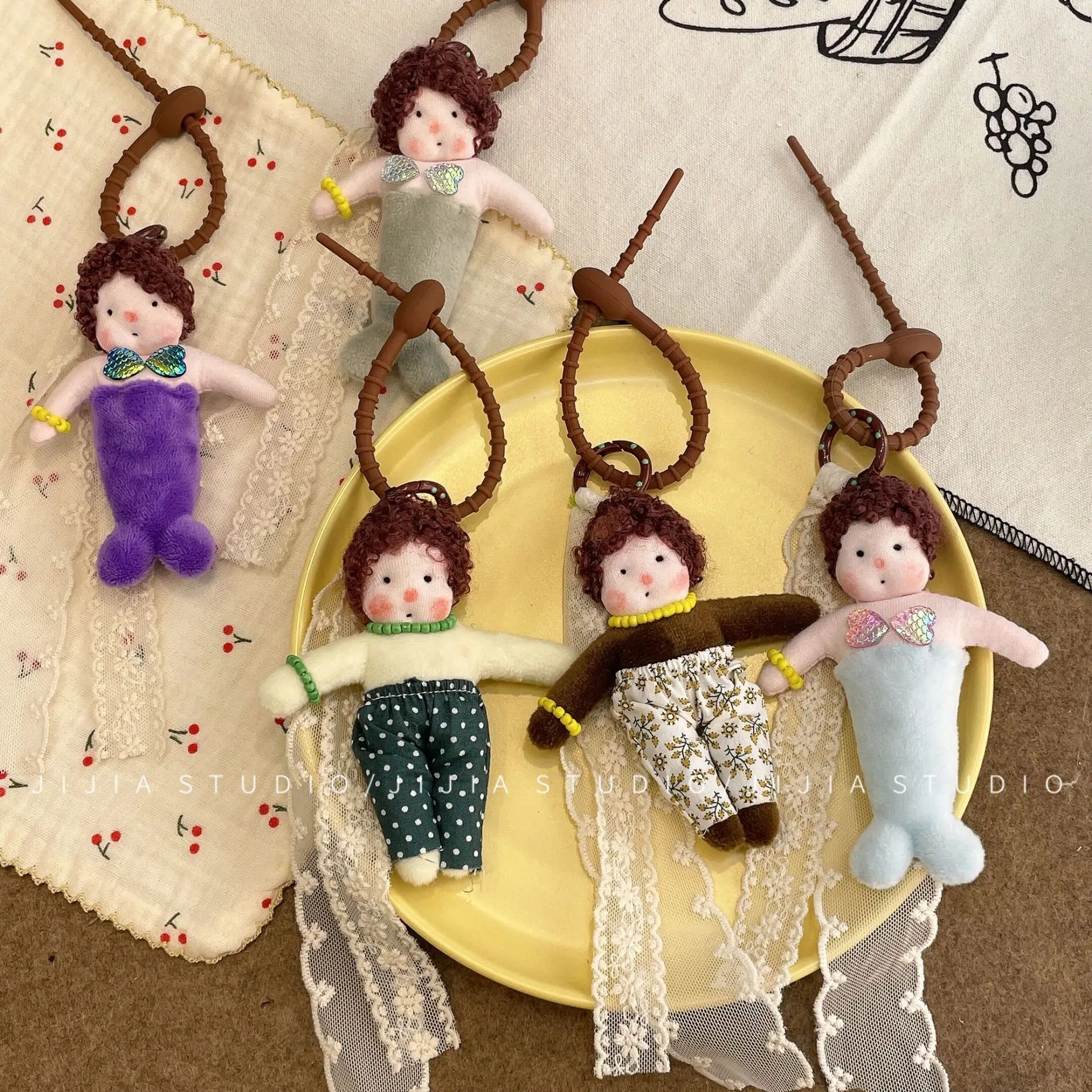 Curly Mermaid Doll Keychain Bag Charm Floral Cute Plush Pendant Hair Clip for School Backpack Phone Case Decoration