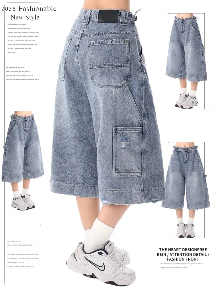 

Retro American Blue Jeans High Waist Wide Leg Pants Women's Summer New Design Loose Casual orts with Multiple kets