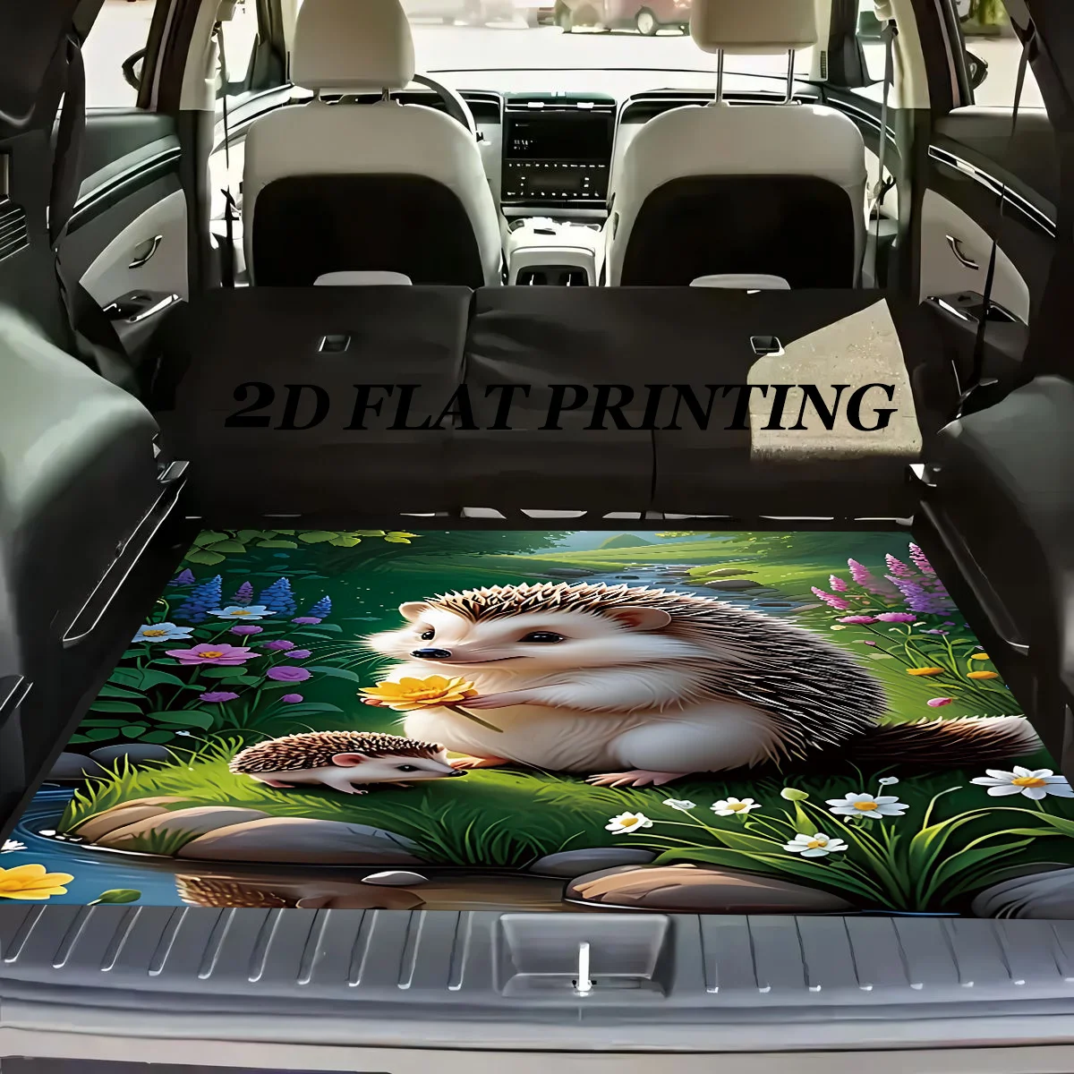 1pc Hedgehog And Floral Dream Forest Design Car Trunk Mat | Durable Polyester, Keeps Trunk Dry And Clean, Adds Cute Healing Anim