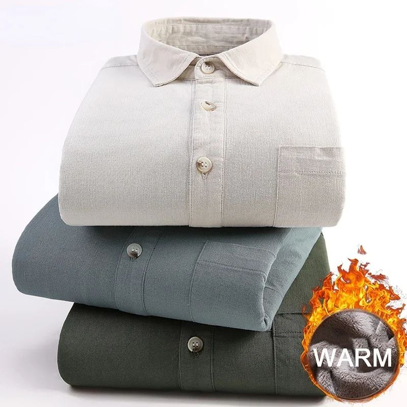 

2023 New Men Winter Shirt Long Sleeved Turn-down Collar Cotton Casual Thick Shirt Male Solid Color Jacket