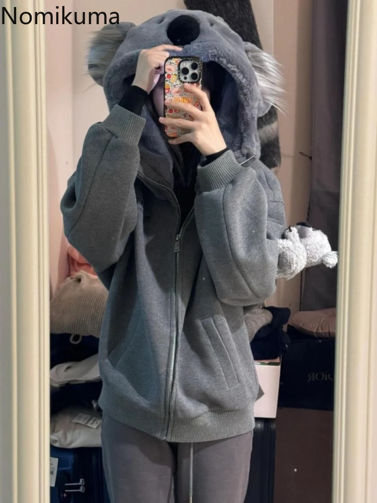 Bear Hooded Sweatshirts Jackets for Women 2024 Autumn Winter Clothing Korean Fashion Cute Y2k Tops Casual Zipper Hoodies Coats