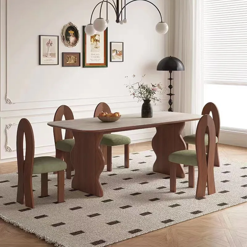French travertine rock slab dining table household small apartment walnut color dining table, rectangular solid wood dining tabl