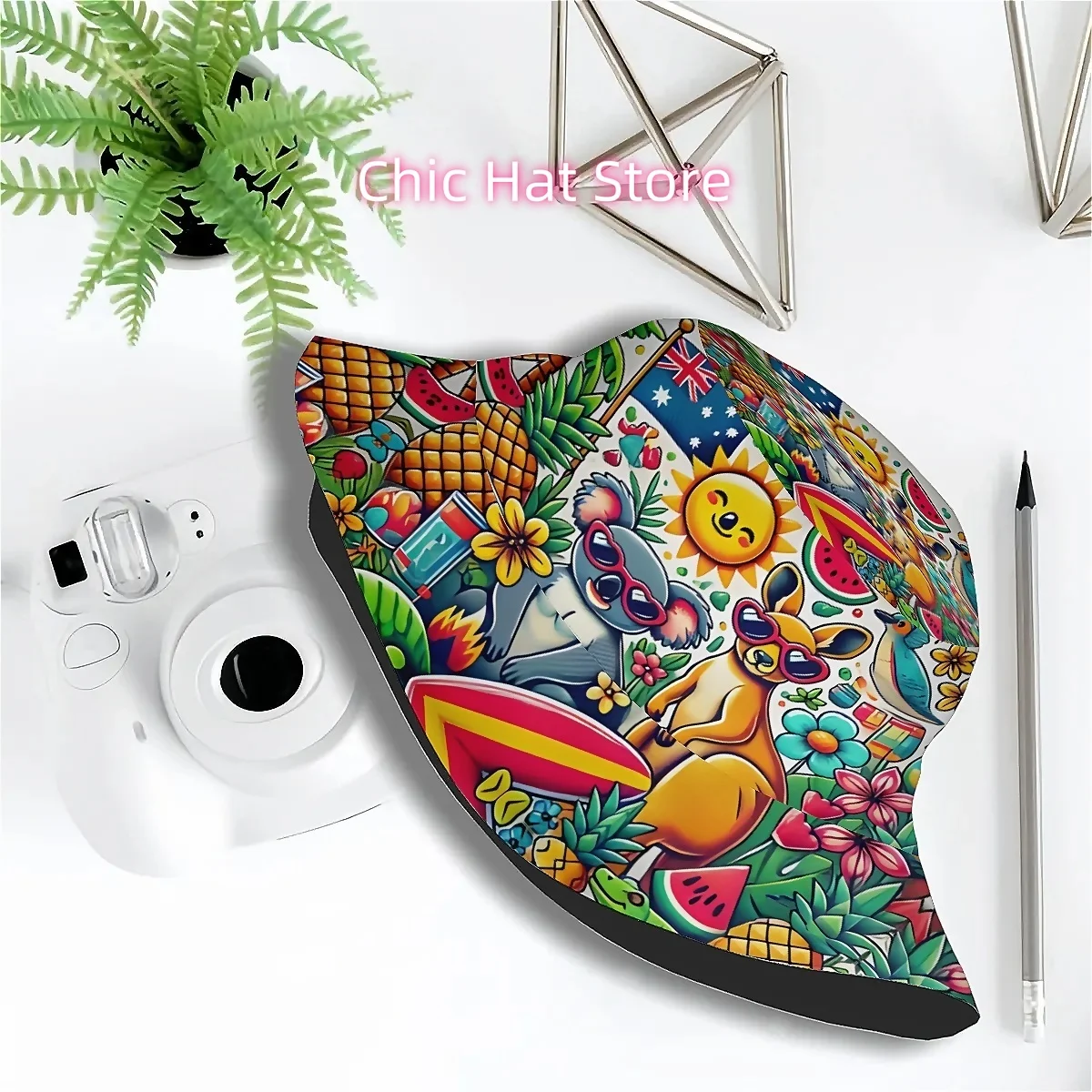 Unisex Printed Fisherman Hat Featuring a Pattern of Australia Day Elements Like Kangaroos, Koalas, Pineapples, And Coconut Trees