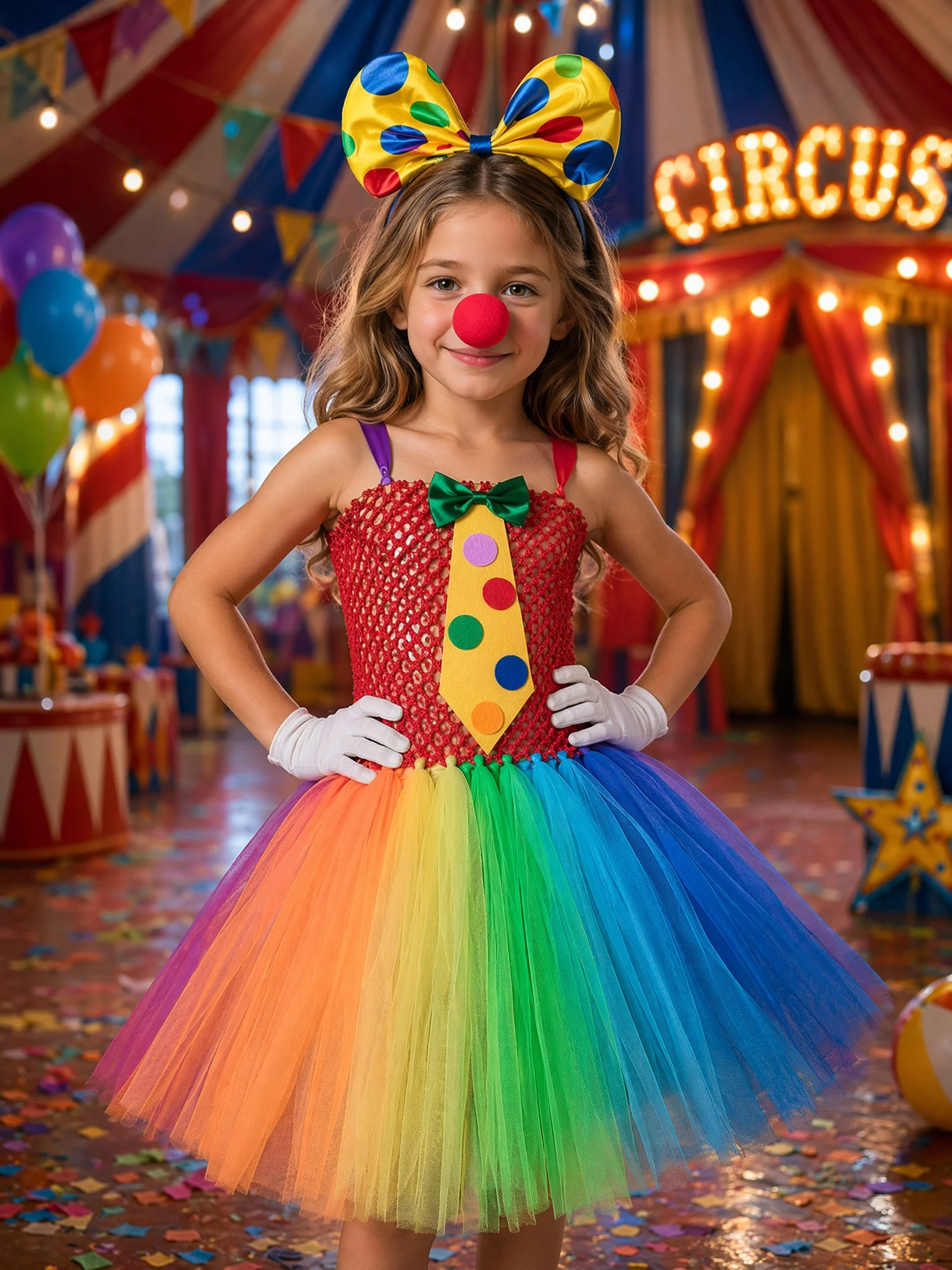 Circus Clown Costume for Girls Carnival Festival Halloween Dress Up Outfit Kids Colorful Rainbow Funny Clown Tulle Tutu Dress