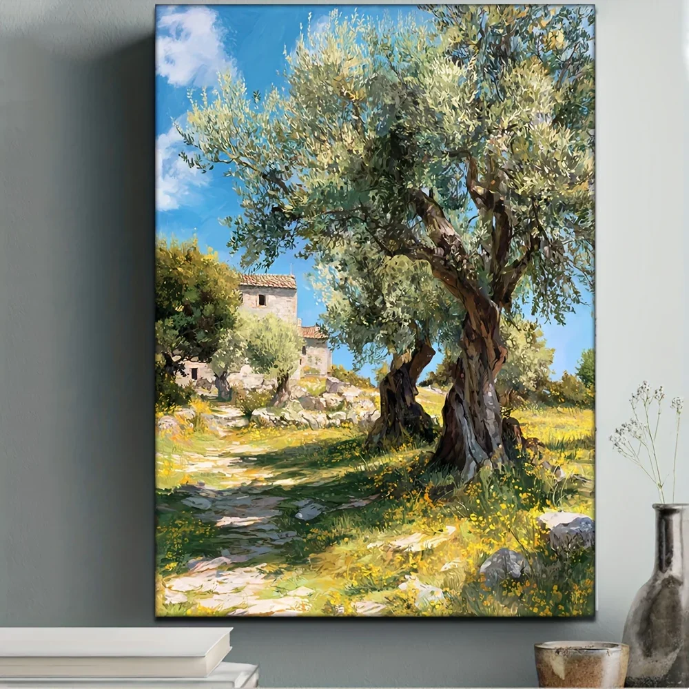 2D Flat, Single Panel Olive Tree Framed Canvas Painting - Mediterranean Olive Tree Poster Art with Solid Wood Frame, Olive Br