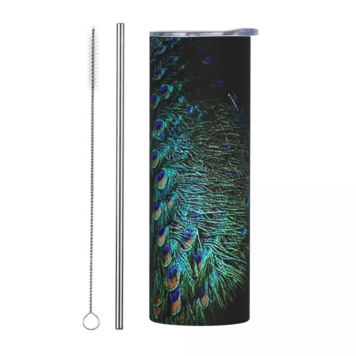 Peacock Feathers On A Black Background Stainless Steel Tumbler Vacuum Insulated Mug Thermal Cold Cup Straws With Lid 20oz