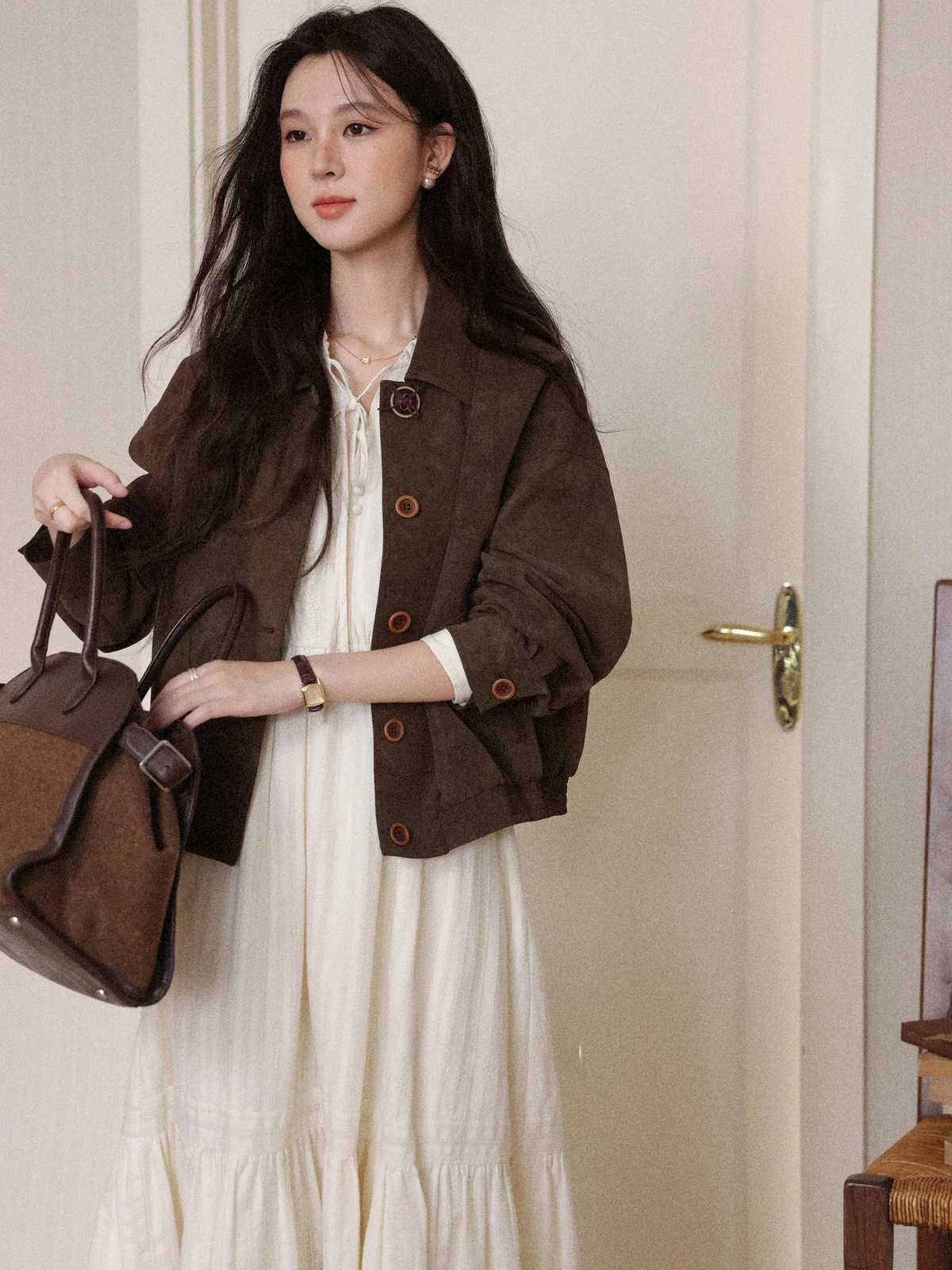 

Темно-коричневое женское пальто с воротником Or Jaet, американское свободное пальто Viennese Muttering, осеннее новое поступление, женское пальто