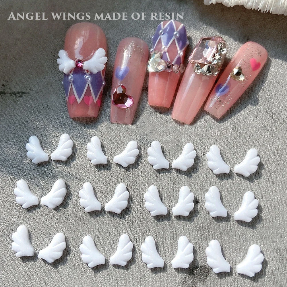 50Pcs White Wing Nail Art Charm 3D Smooth Glossy Lovely Left Right Angel Resin Wing Nail Ornament DIY Exquisite Nail Accessories