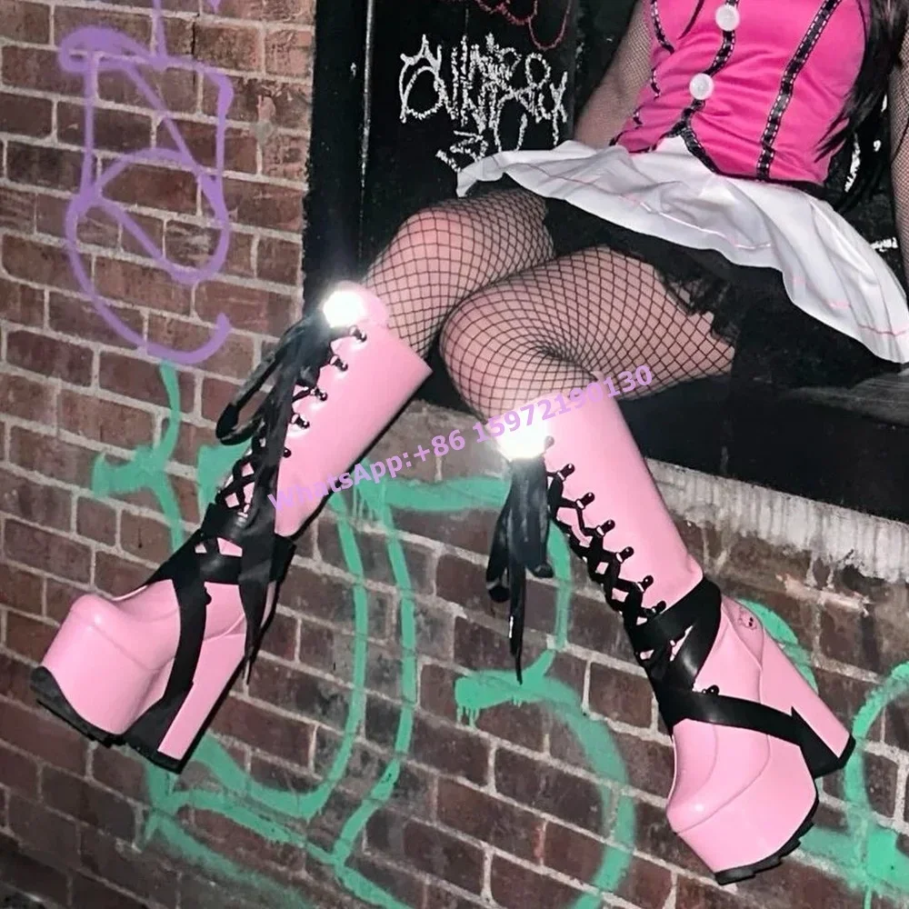 

Pink Black Heart Boots Buckle Belt Sweet Cool Platform Chunky Heels Cross Tied Women's Shoes Lolita Knee High Leather Boots 2025