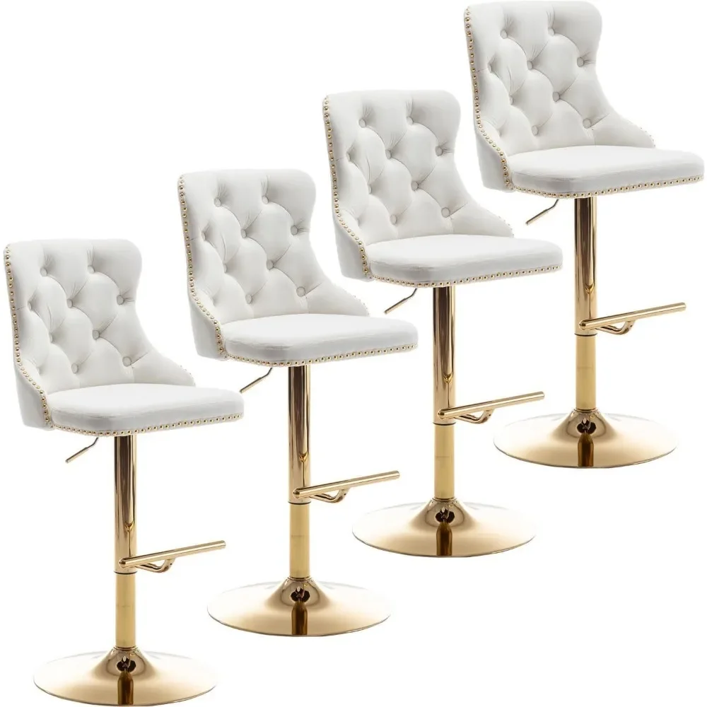 

Gold Velvet Bar Stools Set of 4, Swivel Counter Height Bar Stools with Nailheads Trim and Button, Adjustable Barstools