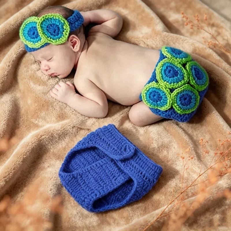 Blue Knitted Peacock Shaped Photography Kit 36cm Prop Set For 0 To 6 Months Baby First Month Newborn Studio Shooting Accessory