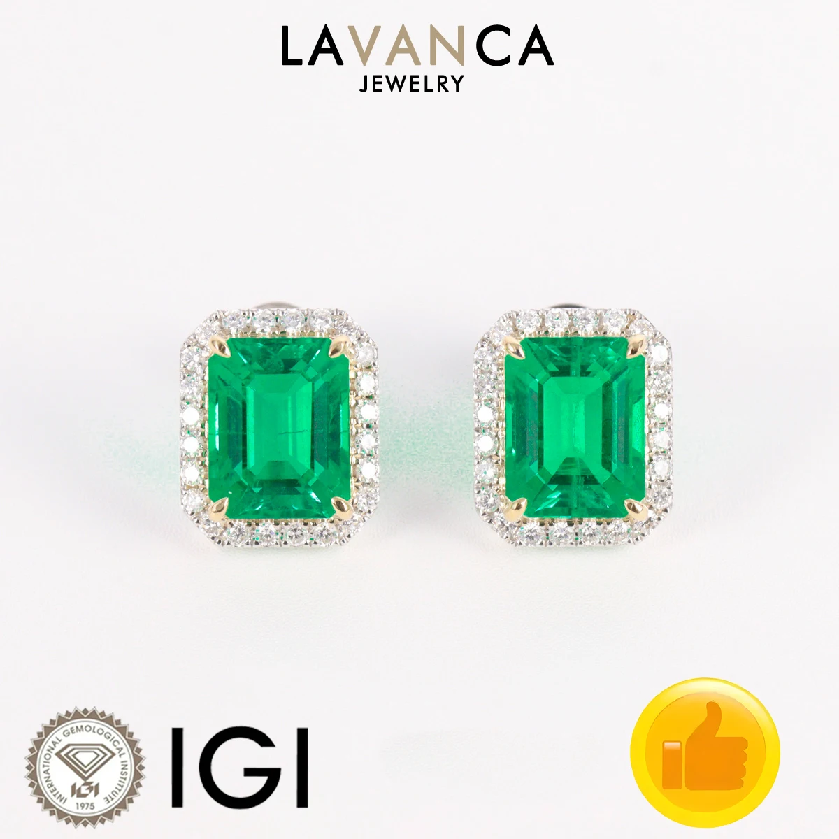Emerald Shape Emerald and Round Diamond Earrings Lab Grown Emerald Diamond Earrings 9K/14K/18K White Gold Stud Earrings For Wife