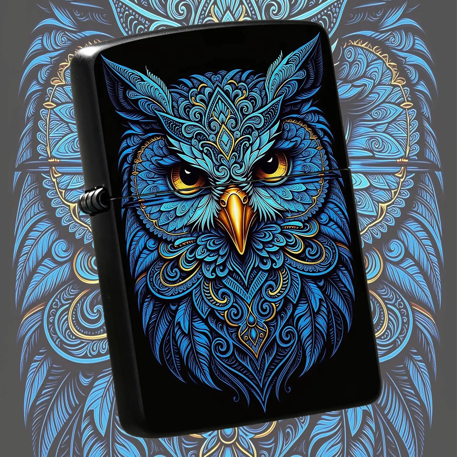 Exquisite Blue Gold Totem Owl Pattern Portable Lighter, Intricate Carved Art Stylish Ignition Device, Suitable For Daily Outdoor Camping Hiking Travel Multiple Scenarios, Unique Aesthetic Collection Thoughtful Gift For A Humorous And Intere