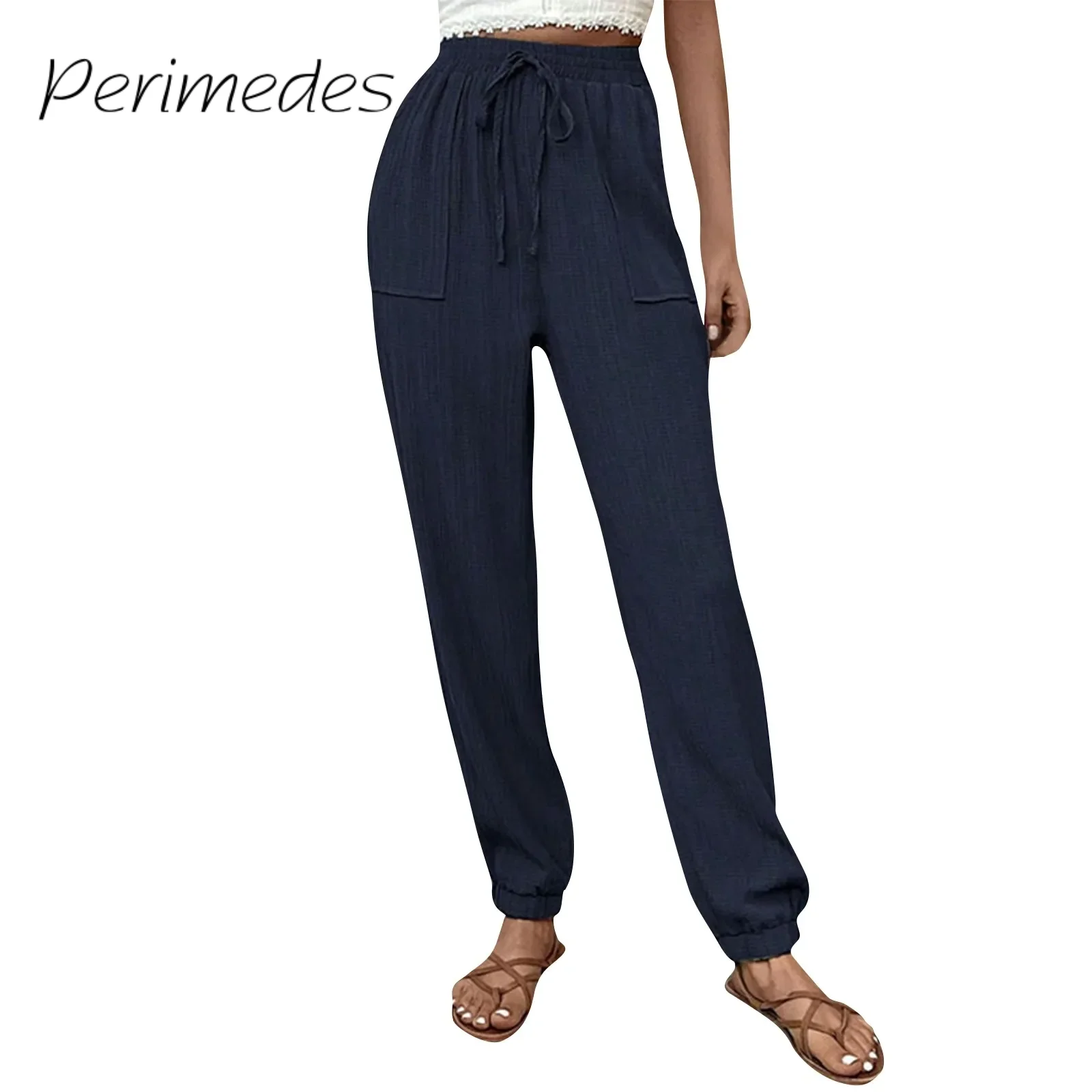 

Pantalones Women'S Fashionable Pencil Pants Fitted Solid Color High Waist Trousers Drawstring With Pockets 2024 Casual Pants