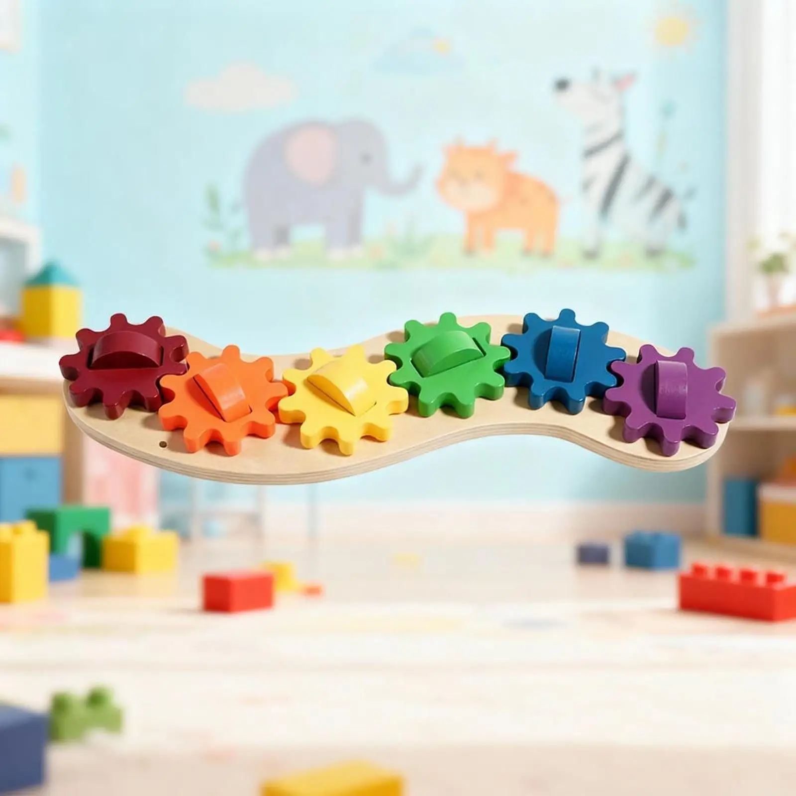 กระดานกิจกรรมการศึกษาสำหรับเด็กวัยหัดเดินทำจากไม้ น้ำหนักเบาเพื่อการพัฒนาในวัยเด็ก 30x7 ซม. ทนทานพร้อมเฟืองหมุน 6 อัน