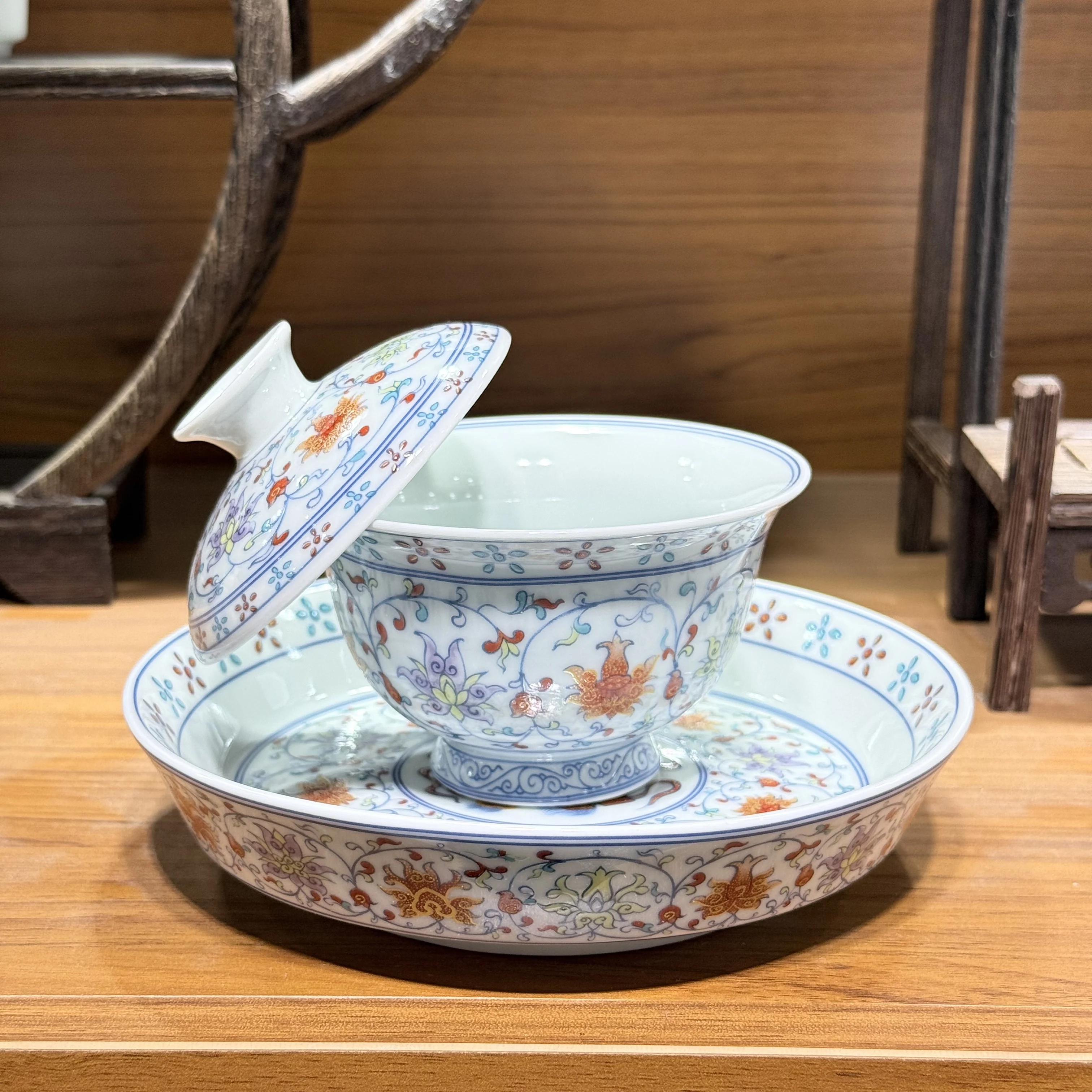 Enamel Glaze Red Interlock Branch Gaiwan Hover Rotating Household Cover Bowl Dry Teapot Platform Tea Tray Tea Brewing Bowl