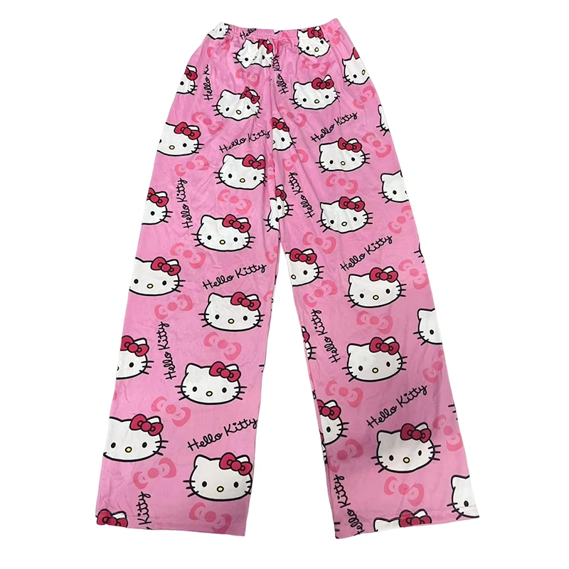 Sanrio Hello Kitty Trousers Thin Style Polyester Sleep Bottoms Lounge Wear Men and Women's Loose Home Pants Ladies Pajama Pants