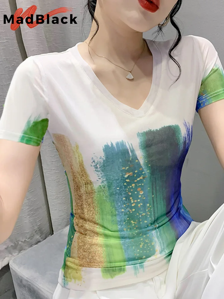 MadBlack Summer European Clothes Thin T-Shirt Chic V-Neck Print Mesh Color Blocking Tops Short Sleeve 2022 New Tees T26003L