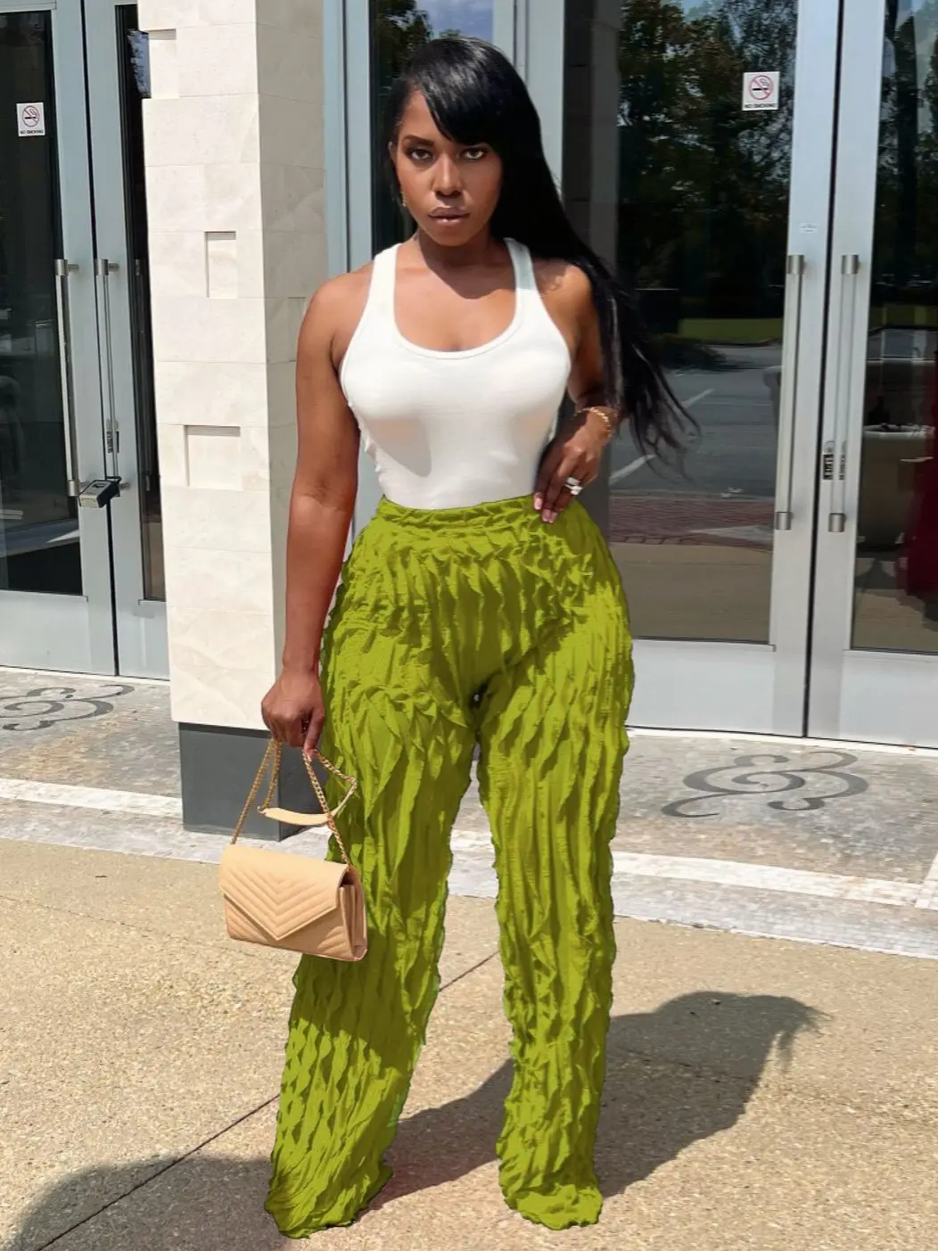 QFAF Women Wave Ruffles Splicing Wide Leg Pants 2023 Fashion Autumn streetwear see though Trousers