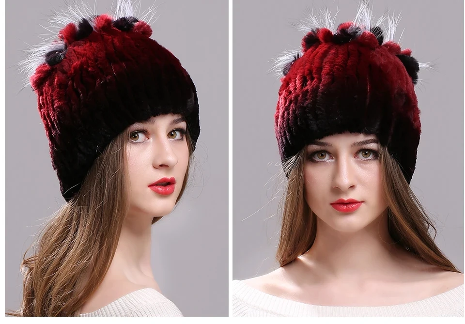 Strickmütze für Damen, 100 % echte Rex-Kaninchenfellmütze mit Blumen, Oberteile, warme, hochwertige Beanie-Damenmütze aus echtem Pelz für den Winter – Detail 36