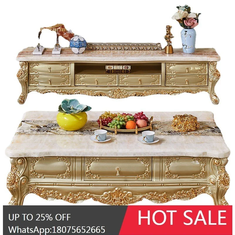 

HLZ European Style Coffee Table TV Cabinet Set Marble Floor Cabinet Living Room Solid Wood American Champagne gold Furniture Set