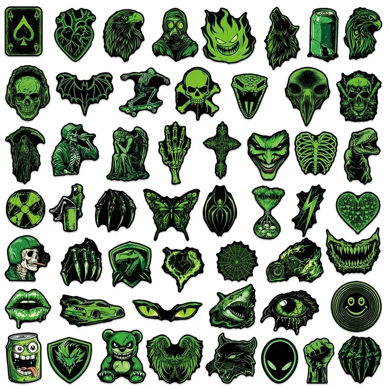 50/100 Pcs Green Cool Horror Pattern Stickers Sunproof Waterproof Fade Resistant for Notebook Helmet Scooter Phone Decals