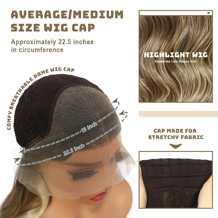 Aschblonde Lace-Front-Perücke, 13 x 4, vorgezupft, Highlight-Körperwelle, synthetische Lace-Front-Perücke für Frauen, hitzebeständiges Haar, 55,9 cm Da