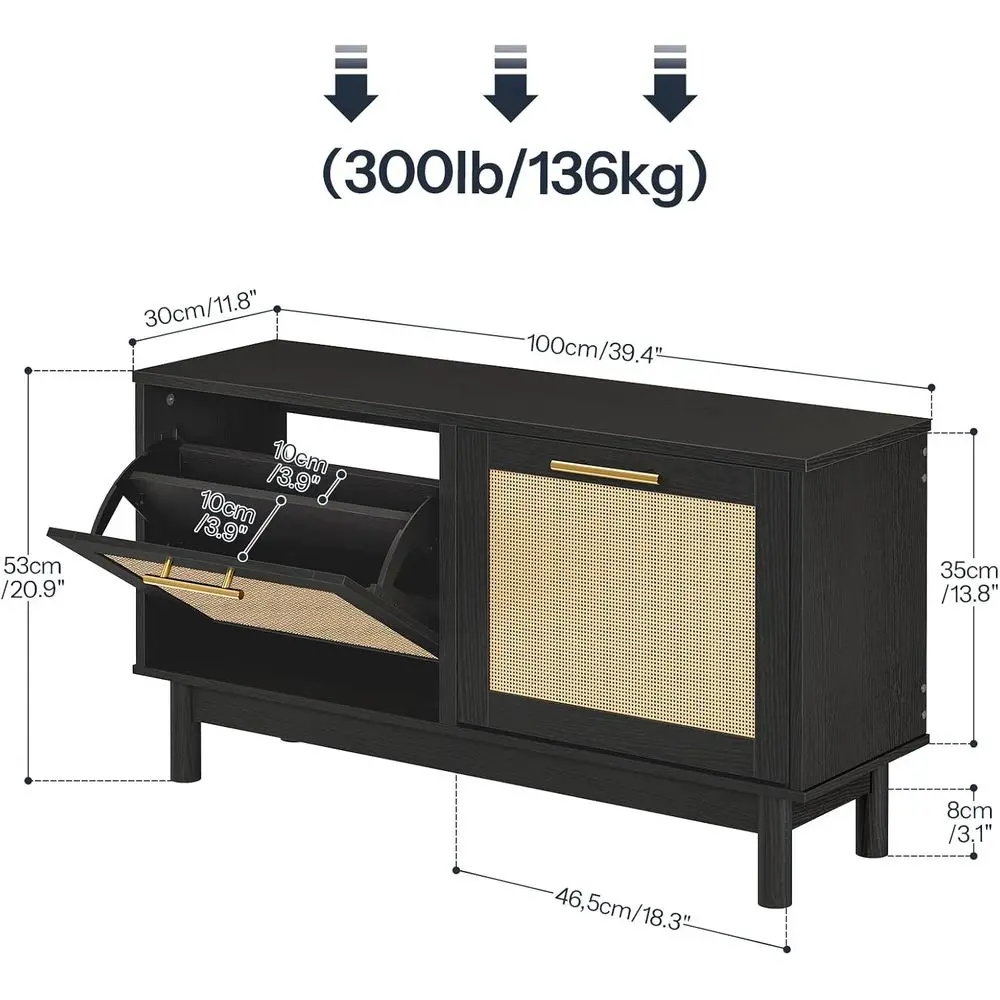 Banco de almacenamiento de zapatos estilo ratán, cajón abatible y gabinete de puerta, organizador de madera negro para entrada