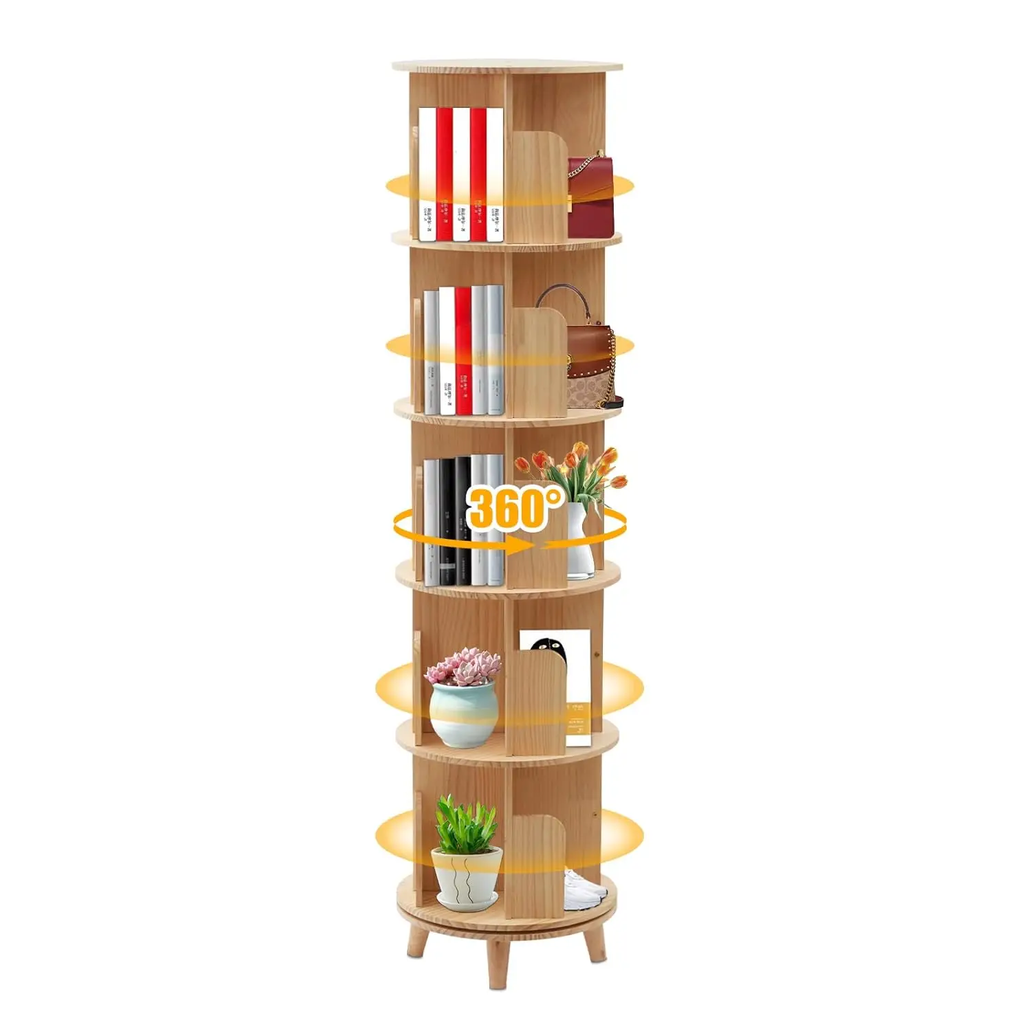 5-Tier Rotating Solid Wood Bookshelf 360 Spinning Tower Home Office Study Living Room, Customized