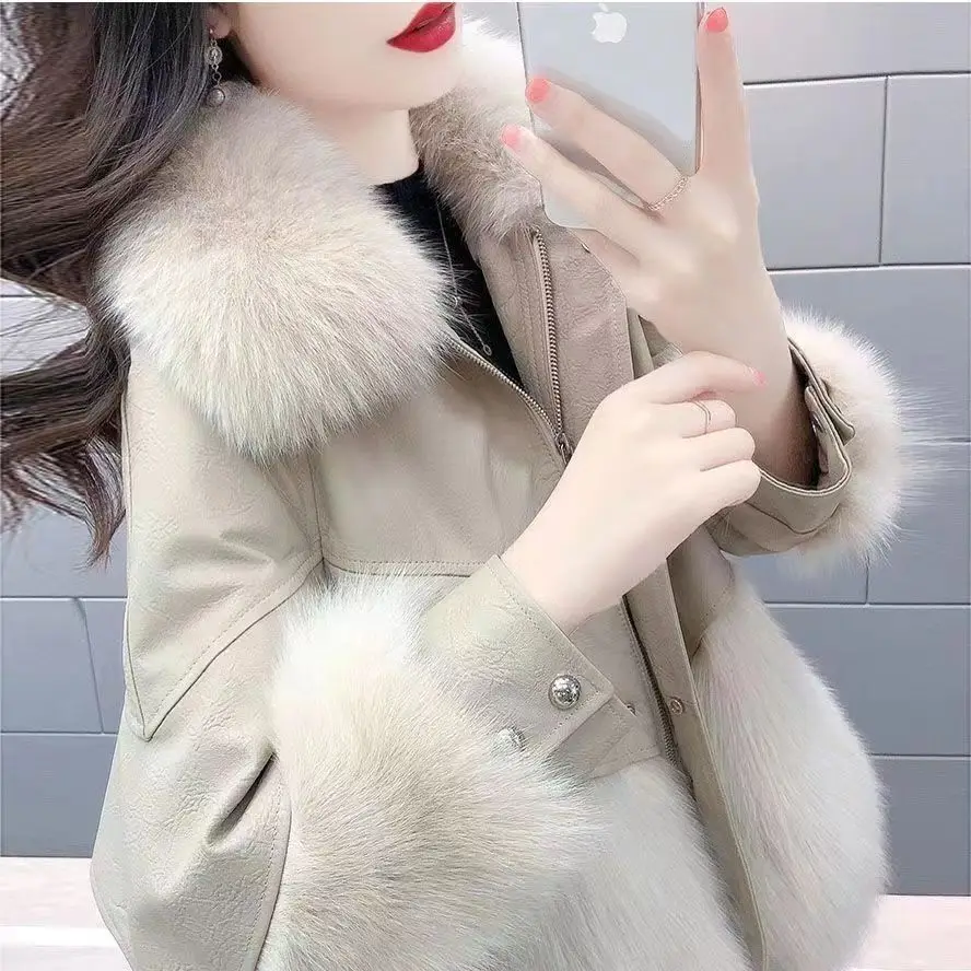 2025 Autumn Winter New Korean Academy Style Pu Leather Faux Fox Fur Mid-Length Thickened Cotton Coat Women - Off-White