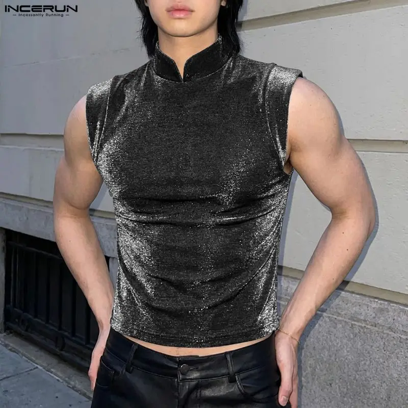 INCERUN Herren Tanktops Glänzende Einfarbige Stehkragen Ärmellose Herrenbekleidung Sommer 2026 Modische Lässige Männer-Oberteile Westen für Herren