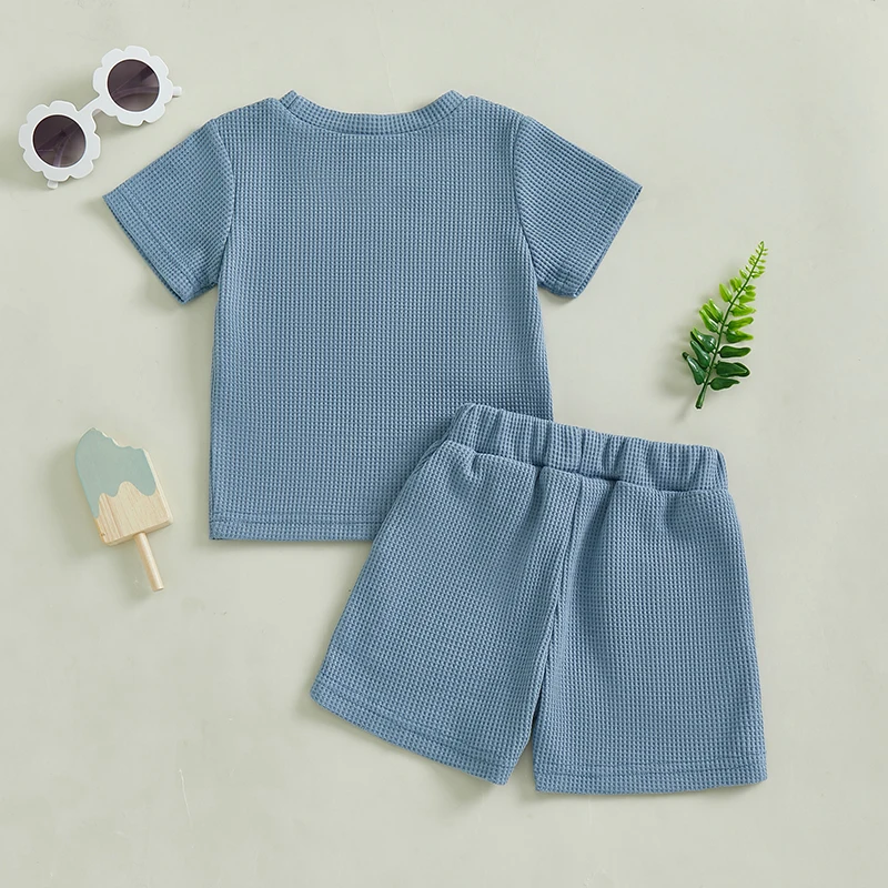 Infant Boy Casual Wear Short Sleeve Tee and Solid Shorts Set with Embroidered Letters - Summer 2 Piece Outfit in Waffle Knit